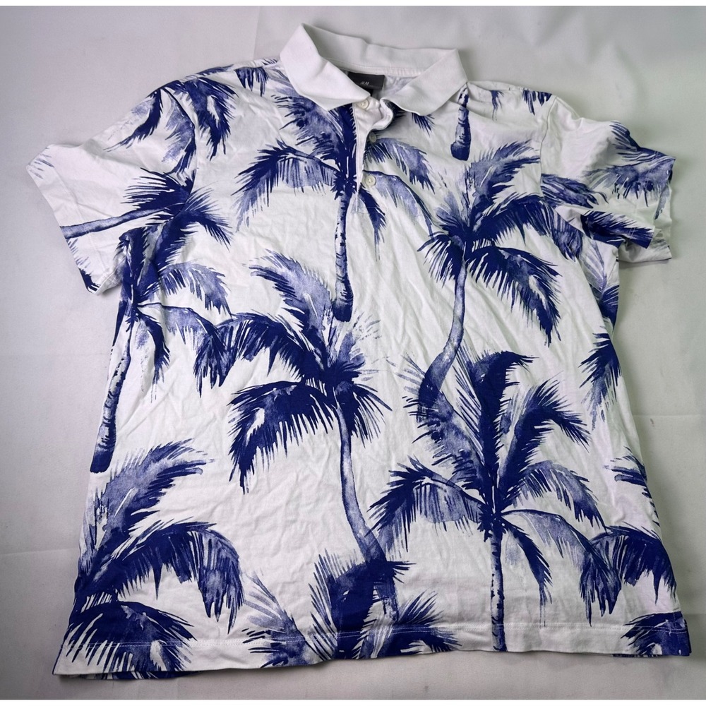 H&M Mens Polo Shirt Palm Tree Tropical Beach Short Sleeve Reg Fit White Blue L